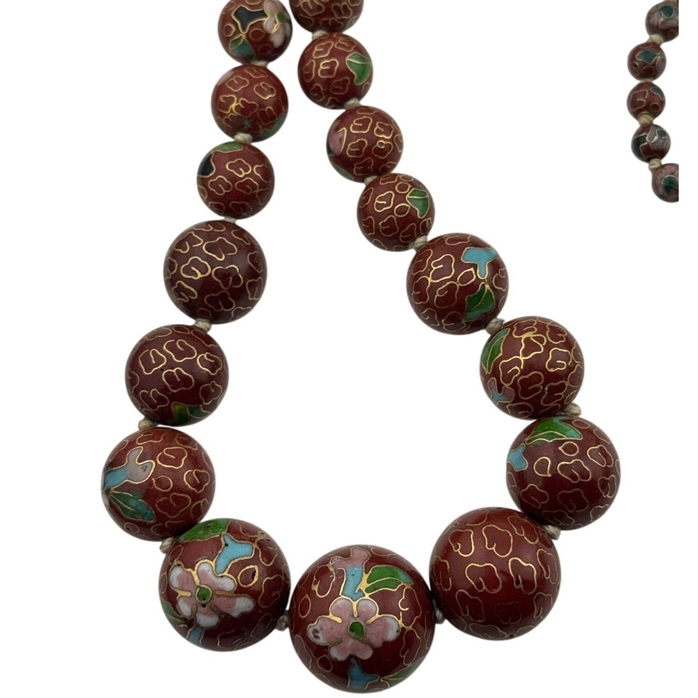 Vintage Cloisonne Necklace Multicolor Floral Enamel Bead Knotted Beaded